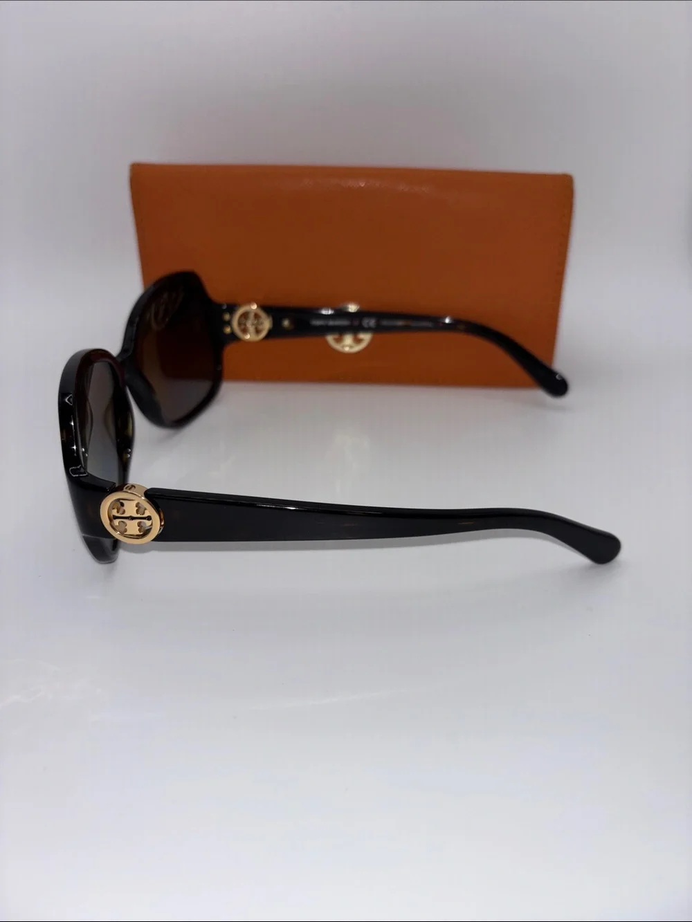 Tory Burch Black Oversized Tortoise Sunglasses with Orange Logo Case
